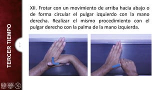 5
9
TERCER
TIEMPO XII. Frotar con un movimiento de arriba hacia abajo o
de forma circular el pulgar izquierdo con la mano
derecha. Realizar el mismo procedimiento con el
pulgar derecho con la palma de la mano izquierda.
 