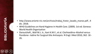 6
2
BIBLIOGRAFÍA
• http://www.aniorte-nic.net/archivos/trabaj_histor_lavado_manos.pdf , 4
dic. 2018.
• WHO Guidelines on Hand Hygiene in Health Care. (2009). 1st ed. Geneva:
World Health Organization
• DarouicheR., Wall M.J. Jr., Itani K.M.F., et al. Clorhexidina–Alcohol versus
Povidone– Iodine for Surgical-Site Antisepsis. N Engl J Med 2010; 362: 18 -
26.
 