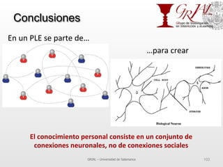 Conclusiones
GRIAL – Universidad de Salamanca 103
En	
  un	
  PLE	
  se	
  parte	
  de…	
  
…para	
  crear	
  
El	
  conocimiento	
  personal	
  consiste	
  en	
  un	
  conjunto	
  de	
  
conexiones	
  neuronales,	
  no	
  de	
  conexiones	
  sociales	
  
 