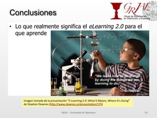 Conclusiones
•  Lo que realmente significa el eLearning 2.0 para el
que aprende
GRIAL – Universidad de Salamanca 99
Imagen	
  tomada	
  de	
  la	
  presentación	
  “E-­‐Learning	
  2.0:	
  What	
  It	
  Means,	
  Where	
  It's	
  Going”	
  	
  
de	
  Stephen	
  Downes	
  (h^p://www.downes.ca/presenta7on/175)	
  	
  
 