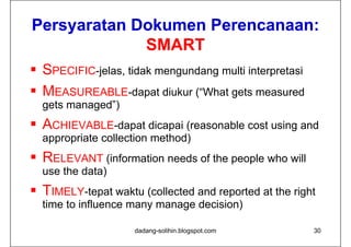 Persyaratan Dokumen Perencanaan:
                    Perencanaan:
             SMART
 SPECIFIC-jelas, tidak mengundang multi interpretasi
 MEASUREABLE-dapat diukur (“What gets measured
  g
  gets managed”)
           g )
 ACHIEVABLE-dapat dicapai (reasonable cost using and
  appropriate collection method)
 RELEVANT (information needs of the people who will
  use the data)
 TIMELY-tepat waktu (collected and reported at the right
  time to influence many manage decision)

                    dadang-solihin.blogspot.com         30
 