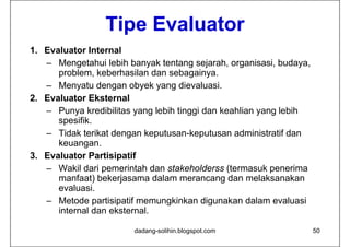 Tipe Evaluator
1. Evaluator Internal
   – Mengetahui lebih banyak tentang sejarah, organisasi, budaya,
      problem, keberhasilan dan sebagainya.
   – MMenyatu dengan obyek yang di
             t d         b k        dievaluasi.
                                          l  i
2. Evaluator Eksternal
   – Punya kredibilitas yang lebih tinggi dan keahlian yang lebih
      spesifik.
   – Tidak terikat dengan keputusan-keputusan administratif dan
                       g      p          p
      keuangan.
3. Evaluator Partisipatif
   – Wakil dari pemerintah dan stakeholderss (termasuk penerima
      manfaat) bekerjasama dalam merancang dan melaksanakan
      evaluasi.
   – Metode partisipatif memungkinkan digunakan dalam evaluasi
      internal dan eksternal.

                        dadang-solihin.blogspot.com                 50
 