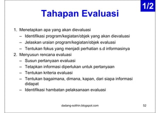 1/2
                                                               1/2
             Tahapan Evaluasi
1. Menetapkan apa yang akan dievaluasi
  – Identifikasi program/kegiatan/objek y g akan dievaluasi
                 p g       g        j yang
  – Jelaskan uraian program/kegiatan/objek evaluasi
   – Tentukan fokus yang menjadi p
                      y g       j perhatian s.d informasinya
                                                          y
2. Menyusun rencana evaluasi
   – Susun pertanyaan evaluasi
             p      y
   – Tetapkan informasi diperlukan untuk pertanyaan
   – Tentukan kriteria evaluasi
   – Tentukan bagaimana, dimana, kapan, dari siapa informasi
     didapat
   – Identifikasi hambatan pelaksanaan evaluasi


                        dadang-solihin.blogspot.com            52
 