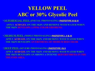 YELLOW PEEL
Protocolo
1. Documentación Fotográfica
2. Diagnóstico
3. Check Up Peel – Jabón de Acido Glicólico al 20%
4. Alpha Beta Complex Gel (ABC) o Gel de Acido
Glicólico al 30%. Encaso el cliente tenga alergia a
Aspirina -> usar Acido Glicólico al 30%.

5. Yellow Peel Balm
6. Post Peel Recovery Formula

 