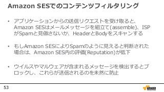 53
Amazon SESでのコンテンツフィルタリング
• アプリケーションからの送信リクエストを受け取ると、
Amazon SESはメールメッセージを組⽴て(assemble)、ISP
がSpamと見做さないか、HeaderとBodyをスキャンする
• もしAmazon SESによりSpamのように見えると判断された
場合は、Amazon SES内の評価(Reputation)が低下
• ウイルスやマルウェアが含まれるメッセージを検出するとブ
ロックし、これらが送信されるのを未然に防⽌
 