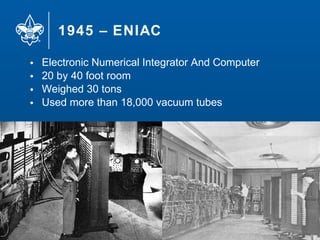 1945 – ENIAC
12
• Electronic Numerical Integrator And Computer
• 20 by 40 foot room
• Weighed 30 tons
• Used more than 18,000 vacuum tubes
 