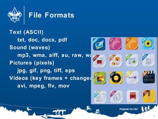 File Formats
Text (ASCII)
txt, doc, docx, pdf
Sound (waves)
mp3, wma, aiff, au, raw, wav
Pictures (pixels)
jpg, gif, png, tiff, eps
Videos (key frames + changes)
avi, mpeg, flv, mov
31
 