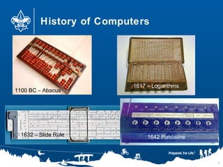 History of Computers
7
1632 – Slide Rule
1100 BC – Abacus
1642 Pascaline
1617 – Logarithms
 