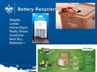 Battery Recyclers
79
Staples
Lowes
Home Depot
Radio Shack
AutoZone
Best Buy
Batteries +
 