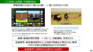 情報処理の方法が人間と全く違う → 使い方が分かってきた
14
金融業界・資産運用業界は人工知能が得意な仕事が少ない業界
→それでも使える領域があるのでそれを紹介
金融業界での期待される使われ方を紹介
金融業界での期待される使われ方を紹介
人工知能には得意・不得意がある
人工知能には得意・不得意がある
https://gigazine.net/news/20190319-nvidia-gaugan-changing-sketches/
2019/3/19 Gigazine, 落書きをリアルな風景写真にリアルタイムで
変換できる驚異的なお絵かき技術「GauGAN」をNVIDIAが発表
https://www.facebook.com/watch/?v=553689762126198
Adobe Creative Cloudの広告
画像・動画処理ツールではできて当たり前、
人工知能という言葉も出てこない
画像・動画処理が得意 → ドローン、自動運転、防犯カメラ、
https://www.facebook.com/watch/?v=445418309432470
ディープフェイクとは？偽動画の例や仕組み・作り方・危険性などをまとめて紹介
https://darwin-journal.com/deep_fake
 