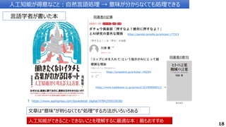 ↑ https://www.asahipress.com/bookdetail_digital/9784255010038/
人工知能ができること・できないことを理解するに最適な本：最もおすすめ
文章は“意味”が判らなくても“処理”する方法がいろいろある
人工知能が得意なこと：自然言語処理 → 意味が分からなくても処理できる
人工知能が得意なこと：自然言語処理 → 意味が分からなくても処理できる
18
同著者の記事
https://gendai.ismedia.jp/articles/-/77313
同著者の新刊
https://president.jp/articles/-/40254
https://www.kadokawa.co.jp/product/321909000011/ →
言語学者が書いた本
 