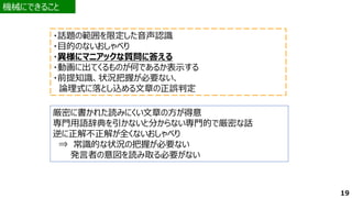 機械にできること
機械にできること
・話題の範囲を限定した音声認識
・目的のないおしゃべり
・異様にマニアックな質問に答える
・動画に出てくるものが何であるか表示する
・前提知識、状況把握が必要ない、
論理式に落とし込める文章の正誤判定
厳密に書かれた読みにくい文章の方が得意
専門用語辞典を引かないと分からない専門的で厳密な話
逆に正解不正解が全くないおしゃべり
⇒ 常識的な状況の把握が必要ない
発言者の意図を読み取る必要がない
19
 