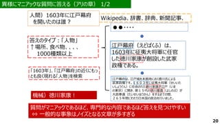 異様にマニアックな質問に答える（アリの章） 1/2
異様にマニアックな質問に答える（アリの章） 1/2
江戸幕府（えどばくふ）は、
1603年に征夷大将軍に任官
した徳川家康が創設した武家
政権である。
Wikipedia、辞書、辞典、新聞記事、
●●・・・・
人間）1603年に江戸幕府
を開いたのは誰？
答えのタイプ：「人物」
↑場所、食べ物、、、、
1000種類以上
機械）徳川家康！
質問がマニアックであるほど、専門的な内容であるほど答えを見つけやすい
⇔ 一般的な事象はノイズとなる文章が多すぎる
「1603年」、「江戸幕府」の近くにもっ
とも良く現れる「人物」を検索 江戸幕府は、江戸城を本拠地におく徳川氏による
武家政権です。１６０３年に征夷大将軍（せいいた
いしょうぐん）に任命された徳川家康が江戸（いま
の東京）に開き、第１５代の徳川慶喜（よしのぶ）が
大政奉還（たいせいほうかん）をするまでの間、
２６５年間にわたり日本国の政治を行いました。
20
 