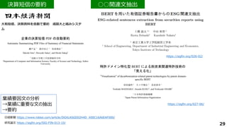 日経新聞 https://www.nikkei.com/article/DGXLASGD02H4D_X00C16A6EAF000/
決算短信の要約
決算短信の要約
業績要因文の分析
→業績に重要な文の抽出
→要約
29
研究論文 https://sigfin.org/SIG-FIN-013-10/
○○関連文抽出
○○関連文抽出
https://sigfin.org/026-02/
https://sigfin.org/027-06/
 