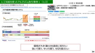 人工知能を使ったアルゴリズム取引事例１（1/2）
2017/4/13 日本銀行コンファレンス
https://www.boj.or.jp/announcements/release_2017/rel170412c.htm/
価格が大きく動くのを直前に知りたい
急いで買う、ゆっくり買う、を切り替えたい
34
https://www.nikkan.co.jp/articles/view/00386896
 