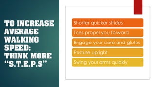 TO INCREASE
AVERAGE
WALKING
SPEED:
THINK MORE
“S.T.E.P.S”
Shorter quicker strides
Toes propel you forward
Engage your core and glutes
Posture upright
Swing your arms quickly
 