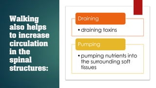 Walking
also helps
to increase
circulation
in the
spinal
structures:
•draining toxins
Draining
•pumping nutrients into
the surrounding soft
tissues
Pumping
 