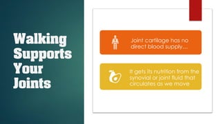 Walking
Supports
Your
Joints
Joint cartilage has no
direct blood supply…
It gets its nutrition from the
synovial or joint fluid that
circulates as we move
 