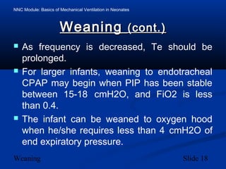 NNC Module: Basics of Mechanical Ventilation in Neonates
Weaning Slide 18
WeaningWeaning (cont.)(cont.)
 As frequency is decreased, Te should be
prolonged.
 For larger infants, weaning to endotracheal
CPAP may begin when PIP has been stable
between 15-18 cmH2O, and FiO2 is less
than 0.4.
 The infant can be weaned to oxygen hood
when he/she requires less than 4 cmH2O of
end expiratory pressure.
 