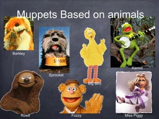 Barkley
Rowlf
Sprocket
Big Bird
Kermit
Miss Piggy
Muppets Based on animals
Fozzy
 