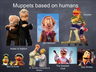 Statler & Waldorf
Jim Henson!
Dr. Bunsen Honeydew &
Beaker
Bert & Ernie
Scooter
The Swedish
Chef
Guy Smiley
Muppets based on humans
 