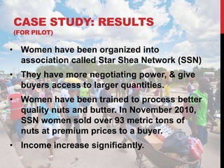 CASE STUDY: RESULTS
(FOR PILOT)

• Women have been organized into
  association called Star Shea Network (SSN)
• They have more negotiating power, & give
  buyers access to larger quantities.
• Women have been trained to process better
  quality nuts and butter. In November 2010,
  SSN women sold over 93 metric tons of
  nuts at premium prices to a buyer.
• Income increase significantly.
 