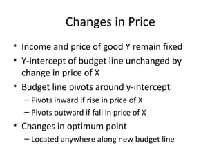 Changes in Price
• Income and price of good Y remain fixed
• Y-intercept of budget line unchanged by
change in price of X
• Budget line pivots around y-intercept
– Pivots inward if rise in price of X
– Pivots outward if fall in price of X
• Changes in optimum point
– Located anywhere along new budget line
 