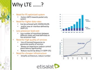 Why LTE ……?
• Need for PS optimized system
• Evolve UMTS towards packet only
system
• Need for higher data rates
• Can be achieved with HSDPA/HSUPA
• and/or new air interface defined by
3GPP LTE
• Less processor load cost
• Less number of transitions between
different states will lead definitely to
less processor load
• Need for high quality of services
• Use of licensed frequencies to
guarantee quality of services
• Always-on experience (reduce control
plane latency significantly)
• Reduce round trip delay (→ 3GPP LTE)
• Need for cheaper infrastructure
• Simplify architecture, reduce number
 