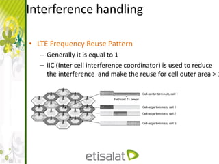 • LTE Frequency Reuse Pattern
– Generally it is equal to 1
– IIC (Inter cell interference coordinator) is used to reduce
the interference and make the reuse for cell outer area > 1
Interference handling
 