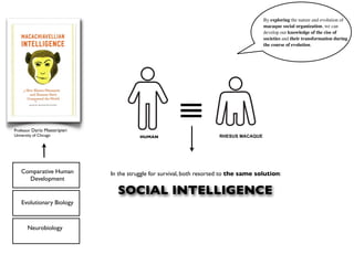 By exploring the nature and evolution of
                                                                                         macaque social organization, we can
                                                                                         develop our knowledge of the rise of
                                                                                         societies and their transformation during
                                                                                         the course of evolution.




Professor Darío Maestripieri
University of Chicago                     HUMAN
                                                        ≡               RHESUS MACAQUE




   Comparative Human           In the struggle for survival, both resorted to the same solution:
     Development

                                 SOCIAL INTELLIGENCE
   Evolutionary Biology



       Neurobiology
 