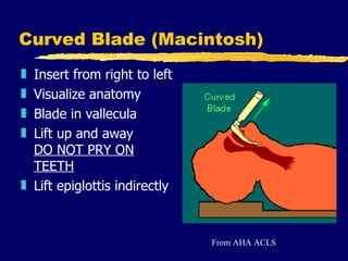 Curved Blade (Macintosh) Insert from right to left Visualize anatomy  Blade in vallecula Lift up and away  DO NOT PRY ON TEETH Lift epiglottis indirectly From AHA ACLS 