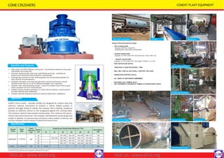 The capacityfigures indicatedin the above chartare approximateand are based on continuousregularfeed of stone of bulkdensity1.6t/cu.m.They varywith feed material
characteristics,feedgradationandpercentageoffractionbelowCSSinthefeed
Benefits and Features
 High speed and Roller Bearing construction - less frictional resistance, less power
consumption and longer life
 Precision machined alloy steel main shaft Perfect dust seal - combined air
pressure and mechanical seal protection to all bearings
 Cartridge type eccentric & main shaft assembly and countershaft assembly for
easy removal and maintenance
 Automatic lubrication of all bearings with built-in machine protection controls!
Variable stroke that can be set for different throughput and capacities
 Hydraulic main shaft positioning system - tramp iron release, quick CSS by push
button operation and over load protection
 Profiled crushing chamber geometry for uniform flow of material, cubical product
and well balanced grain distribution
 Compact and well balanced machine for fixed & mobile plant installations
Operation
ALIND’s Cone crusher - chamber profiles are designed for uniform flow and
optimum material interactions to produce a cubical shaped product. A
positive lock-tight fitting of mantle and concave with a backing compound
provides an effective cushion to the manganese against the crushing loads.
The machine is built to meet varied crushing needs - fine, medium and coarse -
of hard rocks and mineral ores. The compact, well balanced, sturdy design and
simple to operate. An ideal secondary and tertiary crusher suitable for stationary, skid
mounted, portableor mobile crushing in toughest quarries and mines.
Specification
Typeof
Cone
Feed
Size
Feed
Opening
mm
Stroke
mm
Capacity at Closed Side Setting in TPH
Drive Motor
kW
10 19 22 25 28 32
Aggregate (-) 150 mm 190
19 135-145 145-155 155-160 160-170 132
22 130-140 145-155 155-165 160-170 170-185 132
25 155-165 165-175 170-185 185-200 132
32 165-175 175-185 185-200 200-220 160
Sand 5 - 40mm 190 25 50-60 160
CONE CRUSHERS CEMENT PLANT EQUIPMENT
Range of Plant & Equipment Design
 BELTCONVEYORS
Capacity-50TPH to 10000TPH.
AndBelt width-400to 2400mm Belt Width.
 SCREW CONVEYORS
Capacity- 10 TPH to 500 TPH. And Screw Dia- 150 to 1400 mm.
 BUCKET ELEVATORS
Capacity- 10 TPH to 600 TPH. And Height- 15 Mtrs to 110 mtrs.
 ROD GATES SLIDE GATES
 AIRSLIDES & JUNCTION BOXES, FANS
 BALL MILL SHELLS, KILN SHELL, SUPPORT ROLLERS
 FABRICATED HOPPER & SILO’s
 ALL KINDS OF MACHINING COMPONENTS
 BATCHING PLAT CEMENT SILO’s
 ANY EQUIPMENT & SPARES OF CEMENT & SPONGE IRON PLANTS
Conveyor Drum Pulleys
Cement Mill Bare Shell Bucket Elevator Casing
Double Column Planner
Boring & Milling Machine
AirSlide BlowerFans
Shell Welding Eqpt Flap Valvel
Bare Shell Transportation
Visit us:- www.alind.org Visit us:- www.alind.org
 