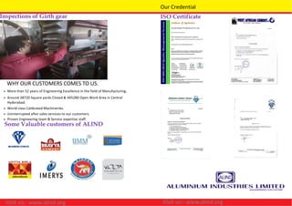 Some Valuable customers of ALIND
Our Credential
WHY OUR CUSTOMERS COMES TO US.
 More than 52 years of Engineering Excellence in the field of Manufacturing.
 Around 38720 Square yards Closed & 445280 Open Work Area in Central
Hyderabad.
 World class Calibrated Machineries.
 Uninterrupted after sales services to our customers.
 Proven Engineering team & Service expertise staff.
Inspections of Girth gear ISO Certificate
Visit us:- www.alind.org Visit us:- www.alind.org
 