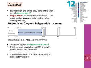 Synthesis
• Expressed by one single-copy gene on the short
arm of chromosome 12
• Prepro-IAPP : 89-aa residue containing a 22-aa
signal peptide preproprotein and two short
flanking peptides,
• The signal peptide is cleaved off in the ER
• Proislet amyloid polypeptide (proIAPP, proamylin,
proislet protein) a 67 amino acid
• conversion of proIAPP to IAPP takes place in
the secretory vesicles
8
 