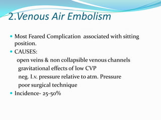 2.Venous Air Embolism
 Most Feared Complication associated with sitting
  position.
 CAUSES:
   open veins & non collapsible venous channels
    gravitational effects of low CVP
    neg. I.v. pressure relative to atm. Pressure
    poor surgical technique
 Incidence- 25-50%
 