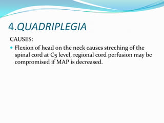 4.QUADRIPLEGIA
CAUSES:
 Flexion of head on the neck causes streching of the
  spinal cord at C5 level, regional cord perfusion may be
  compromised if MAP is decreased.
 