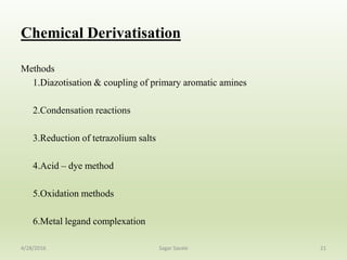 Chemical Derivatisation
Methods
1.Diazotisation & coupling of primary aromatic amines
2.Condensation reactions
3.Reduction of tetrazolium salts
4.Acid – dye method
5.Oxidation methods
6.Metal legand complexation
214/28/2016 Sagar Savale
 