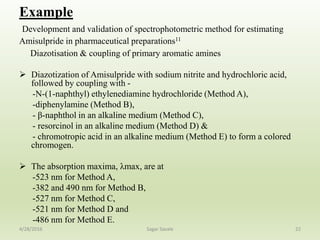 Example
Development and validation of spectrophotometric method for estimating
Amisulpride in pharmaceutical preparations11
Diazotisation & coupling of primary aromatic amines
 Diazotization of Amisulpride with sodium nitrite and hydrochloric acid,
followed by coupling with -
-N-(1-naphthyl) ethylenediamine hydrochloride (Method A),
-diphenylamine (Method B),
- β-naphthol in an alkaline medium (Method C),
- resorcinol in an alkaline medium (Method D) &
- chromotropic acid in an alkaline medium (Method E) to form a colored
chromogen.
 The absorption maxima, λmax, are at
-523 nm for Method A,
-382 and 490 nm for Method B,
-527 nm for Method C,
-521 nm for Method D and
-486 nm for Method E.
224/28/2016 Sagar Savale
 