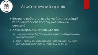 Лівий жовчний протік
 Відносно небагато, але існує багато варіацій
IV сегментарного протоку (медіальний
сегмент)
 Деякі джерела виділяють два типи:
 I тип – протік від Sg IV впадає в лівий стовбур близько
до конфлюєнсу
 II тип – протік від Sg IV впадає латерально, близько
до умбілікальної частини портальної вени
 