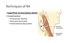 Techniques of RA
• Superficial cervical plexus blocks
• Complications:
• Intravascular injection
• Recurrent nerve palsy
• Partial brachial plexus block
 