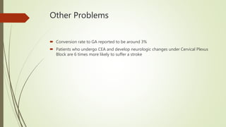 Other Problems
 Conversion rate to GA reported to be around 3%
 Patients who undergo CEA and develop neurologic changes under Cervical Plexus
Block are 6 times more likely to suffer a stroke
 