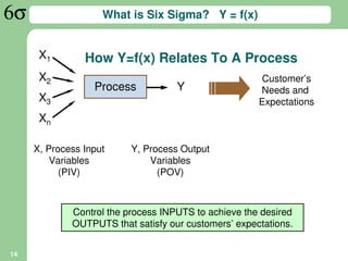 What is Six Sigma? Y = f(x)


      X1        How Y=f(x) Relates To A Process
      X2                                              Customer’s
                  Process           Y                 Needs and
      X3                                              Expectations
      Xn

     X, Process Input     Y, Process Output
         Variables            Variables
           (PIV)                (POV)



             Control the process INPUTS to achieve the desired
             OUTPUTS that satisfy our customers’ expectations.


14
 