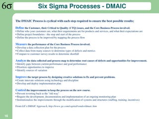 Six Sigma Processes - DMAIC

     The DMAIC Process is cyclical with each step required to ensure the best possible results;

     Define the Customer, their Critical to Quality (CTQ) issues, and the Core Business Process involved.
     • Define who your customers are, what their requirements are for products and services, and what their expectations are
     • Define project boundaries - the stop and start of the process
     • Define the process to be improved by mapping the process flow

     Measure the performance of the Core Business Process involved.
     • Develop a data collection plan for the process
     • Collect data from many sources to determine types of defects and metrics
     • Compare to customer survey results to determine shortfall

     Analyze the data collected and process map to determine root causes of defects and opportunities for improvement.
     • Identify gaps between current performance and goal performance
     • Prioritize opportunities to improve
     • Identify sources of variation

     Improve the target process by designing creative solutions to fix and prevent problems.
     • Create innovate solutions using technology and discipline
     • Develop and deploy implementation plan

     Control the improvements to keep the process on the new course.
     • Prevent reverting back to the "old way"
     • Require the development, documentation and implementation of an ongoing monitoring plan
     • Institutionalize the improvements through the modification of systems and structures (staffing, training, incentives)

     From GE's DMAIC Approach, http://www.ge.com/capital/vendor/dmaic.htm


16
 