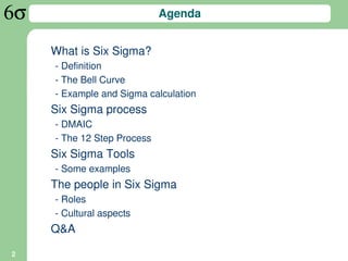 Agenda


    What is Six Sigma?
    - Definition
    - The Bell Curve
    - Example and Sigma calculation
    Six Sigma process
    - DMAIC
    - The 12 Step Process
    Six Sigma Tools
    - Some examples
    The people in Six Sigma
    - Roles
    - Cultural aspects
    Q&A

2
 