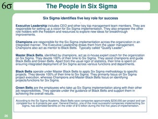 The People in Six Sigma
                           Six Sigma identifies five key role for success
                                                      .
     Executive Leadership includes CEO and other key top management team members. They are
     responsible for setting up a vision for Six Sigma implementation. They also empower the other
     role holders with the freedom and resources to explore new ideas for breakthrough
     improvements.

     Champions are responsible for the Six Sigma implementation across the organization in an
     integrated manner. The Executive Leadership draws them from the upper management.
     Champions also act as mentor to Black Belts. Typically called "Quality Leader".

     Master Black Belts, identified by champions, act as in-house expert coach for the organization
     on Six Sigma. They devote 100% of their time to Six Sigma. They assist champions and guide
     Black Belts and Green Belts. Apart from the usual rigor of statistics, their time is spent on
     ensuring integrated deployment of Six Sigma across various functions and departments.

     Black Belts operate under Master Black Belts to apply Six Sigma methodology to specific
     projects. They devote 100% of their time to Six Sigma. They primarily focus on Six Sigma
     project execution, whereas Champions and Master Black Belts focus on identifying
     projects/functions for Six Sigma.

     Green Belts are the employees who take up Six Sigma implementation along with their other
     job responsibilities. They operate under the guidance of Black Belts and support them in
     achieving the overall results.

     According to the Six Sigma Academy, Black Belts save companies approximately $230,000 per project and can
     complete four to 6 projects per year. General Electric, one of the most successful companies implementing Six
         Sigma, has estimated benefits on the order of $10 billion during the first five years of implementation.


26
 