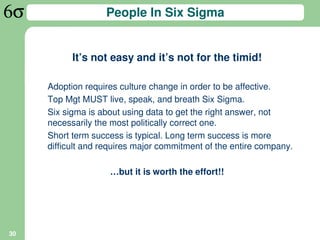 People In Six Sigma


           It’s not easy and it’s not for the timid!

     Adoption requires culture change in order to be affective.
     Top Mgt MUST live, speak, and breath Six Sigma.
     Six sigma is about using data to get the right answer, not
     necessarily the most politically correct one.
     Short term success is typical. Long term success is more
     difficult and requires major commitment of the entire company.

                    …but it is worth the effort!!




30
 