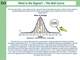 What is Six Sigma? – The Bell Curve

    The term Six Sigma , also written as 6σ, using the lower case letter for sigma, refers to the number of
          standard deviations away from the mean (or average) point of a bell curve (a.k.a “Normal
                                                Distribution”)




         The bell curve is a natural phenomenon experienced in large populations of almost anything.
     Consider a large field of corn. If 1 million randomly ears are picked, measured, and plotted, a normal
         distribution curve similar to that above will result. Most ears will be centered about the mean
      (average) of the population. A few ears will be moderately large while even fewer will be very large.
    The same occurs at the other end of the scale. There will be a moderate number of ears smaller than
     the mean and even a smaller number of very small ears of corn. Of 1 million randomly picked ears of
      corn, only 3 or 4 ears will qualify in the very large category (six sigma from the mean). The same is
    true for the opposite side of the bell curve where we will find only 3 or 4 ears of very small corn (again,
                                               six sigma from the mean).

9
 