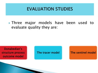  Three major models have been used to
evaluate quality they are:
Donabedian’s
structure process
outcome model
The tracer model The sentinel model
 