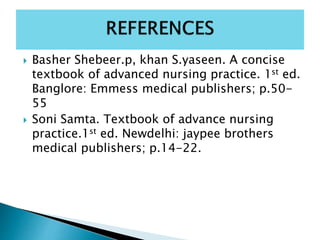  Basher Shebeer.p, khan S.yaseen. A concise
textbook of advanced nursing practice. 1st ed.
Banglore: Emmess medical publishers; p.50-
55
 Soni Samta. Textbook of advance nursing
practice.1st ed. Newdelhi: jaypee brothers
medical publishers; p.14-22.
 