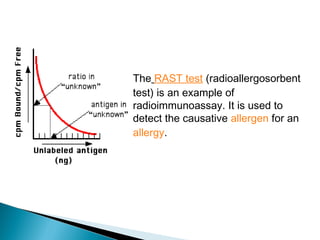 The RAST test (radioallergosorbent
test) is an example of
radioimmunoassay. It is used to
detect the causative allergen for an 
allergy.
 